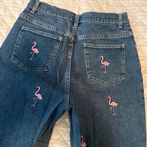 Vintage Quacker Factory Flamingo Embroidered Jeans 8 Made in Hong Kong Rare Y2K